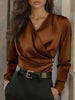 Women's Elegant Cross V-Neck Blouse, Ruffle Detail Button Accent Office Shirt by FitiqueFit