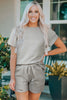Black 2pcs Solid Textured Drawstring Shorts Set