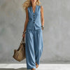 Women's Solid Linen Sleeveless Tank Top & Full-Length Pants Set by FitiqueFit