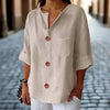 Women’s Loose V Neck T Shirt – Cotton Linen Button Top by FitiqueFit