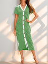 Contrast Striped V-Neck Short Sleeve Midi Dress