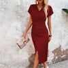 Split V-Neck Bodycon Dress – Slim Fit Short Sleeve Slit Dress by FitiqueFit