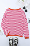 Pink Contrast Trimmed Striped Drop Shoulder Sweater