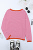 Pink Contrast Trimmed Striped Drop Shoulder Sweater