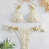 Bikini Ruched Texture Golden Chain 2 Piece Triangle Swimsuit for Women – Striped Halter Bikini Set with Bow Tie Side and Elegant Ring Link Detail – Stretchy Beachwear for Pool Bathing and Summer Vacations by Stevvex