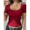 Women’s Y2K Lace Trim Slim Fit Tee – U-Neck Short Sleeve Top by FitiqueFit