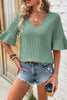Beau Blue Ruffled Short Sleeve V Neck Textured Blouse