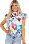 Multicolor Abstract Print Ruffle Sleeve Smocked Blouse