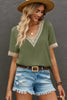 Green Lace Trim V Neck Short Sleeve Blouse by Wild and Free Boutique