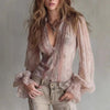 Women's Lace Flared Sleeve Fake Two-Piece Knotted Top by FitiqueFit
