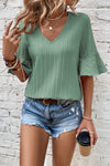 Beau Blue Ruffled Short Sleeve V Neck Textured Blouse