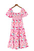 Pink Brush Stroke Printed Smocked Ruffle Tiered Dress