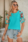White Floral Hollowed Crochet Sleeve Boho Blouse