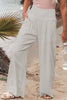 Khaki Smocked Wide Waistband High Waist Wide Leg Pants