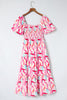 Pink Brush Stroke Printed Smocked Ruffle Tiered Dress