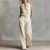Women’s Linen Blend Two-Piece Set – Sleeveless Shirt & Wide-Leg Pants by FitiqueFit