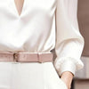 Women’s Satin V-Neck Long Sleeve Top – Slim Fit Solid Color Blouse by FitiqueFit