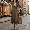 Women's V-Neck Cotton-Linen Flutter-Sleeve Ruffle-Trim Midi Dress by FitiqueFit