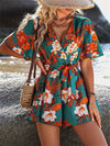 Printed Surplice Half Sleeve Tie Waist Romper