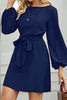 Tied Boat Neck Balloon Sleeve Mini Dress