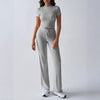 Crew Neck Short Sleeve Top & Full-Length Pants Set – Solid Color, 10 Colors by FitiqueFit