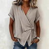 Women's Casual Lapel Collar Lace-Up Short-Sleeve Linen Top by FitiqueFit