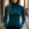 Solid Ribbed Half-Zip Turtleneck Knit Top by FitiqueFit