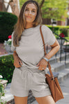 Black 2pcs Solid Textured Drawstring Shorts Set