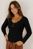 Black Lace Neckline Button Decor Lettuce Edge Long Sleeve Ribbed Top by Wild and Free Boutique