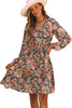 Brown Geometric Print Long Sleeve Surplice Flowy Dress