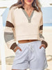 Color‑Block Cropped Polo V‑Neck Sweatshirt by FitiqueFit