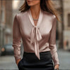 Elegant Satin Ribbon Blouse — Long Sleeve Button-Down Work Shirt by FitiqueFit