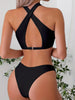 Bikini Criss Cross Neck 2 Piece High Cut Flattering Swimsuit for Women – Elegant Solid Color Bikini Set with Stretchy Cross Strap Detailing – Comfortable and Stylish Swimwear for Poolside Lounging Beach Days & Summer Vacations by Stevvex