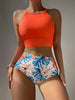 Island Bloom High Waist Bikini Set for Summer – Colorblock Tropical Print Two-Piece Swimsuit with Round Neckline Ultra-Stretch Fit & Applique Detail – Stylish and Comfortable Women’s Swimwear for Pool Beach & Summer Escapes by Stevvex