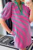 Pink Striped Collar Puff Sleeve Mini Tee Dress Chic & Casual Statement Piece Simple Women Dress by Stevvex