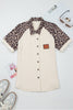 White Ribbed Texture Button Down Leopard Patchwork Short Sleeve Shirt by Wild and Free Boutique