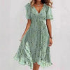 Floral Print A-Line Dress – V-Neck Short Sleeve Midi Dress by FitiqueFit