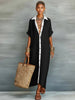 Color-Block Shirt Maxi Dress – Women's Loose Button-Front Long Dress with Contrast Collar by FitiqueFit