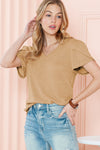 Mist Green Petal Sleeve Waffle Knit V Neck T-Shirt