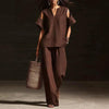 V-Neck Short Sleeve Top & Straight-Leg Pants Set – Ripped Detail, Pockets, Solid Color by FitiqueFit