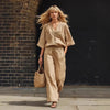 Women's Linen Button-Up Cardigan & Wide-Leg Pants Set – 2-Piece Outfit by FitiqueFit