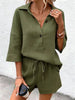Women's Notch-Lapel Short-Sleeve Top & Belted Shorts Two-Piece Set by FitiqueFit