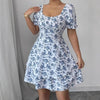 Ditsy Floral High Waist Flared Midi Dress – Short Sleeve Backless Summer Dress by FitiqueFit