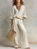 Women's Casual Linen Vacation Set – Three-Quarter Sleeve Top & Full-Length Pants by FitiqueFit