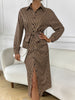 Printed Tie Waist Long Sleeve Midi Shirt Dress