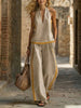 Women’s Contrast Color Sleeveless Vest and Wide-Leg Pants Set by FitiqueFit