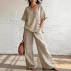 Women's Loose Cotton-Linen V-Neck Top & Wide-Leg Pants Set by FitiqueFit