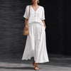 Women's Cotton-Linen V-Neck Button-Up Top & Long Skirt Set by FitiqueFit