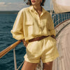 Cotton-Linen Loose-Fit Button-Down Shirt and Shorts Casual Set by FitiqueFit