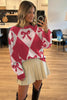 Red Bow Print 2-tone Rhombus Knit Loose Sweater by Wild and Free Boutique